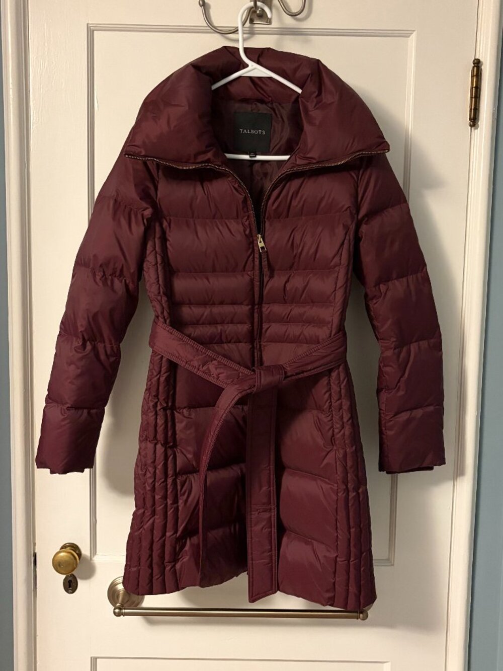 Talbots mid length puffer coat down filled burgundy belted size XS preppy